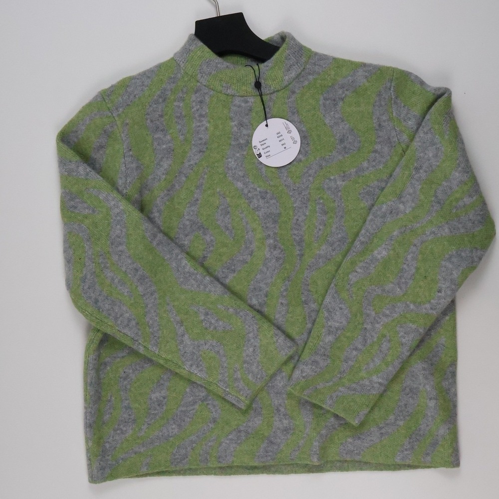 Sunday Mock Neck Zebra Print Sweater Green Gray M NWT